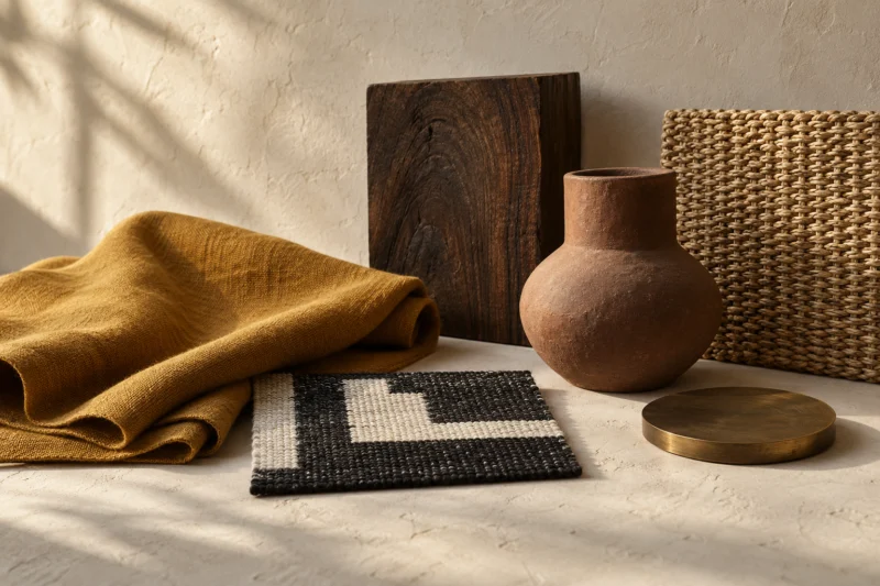 Illustrative material study with mustard linen, charcoal geometric textile, dark timber, woven raffia, a sculptural clay vessel and aged brass