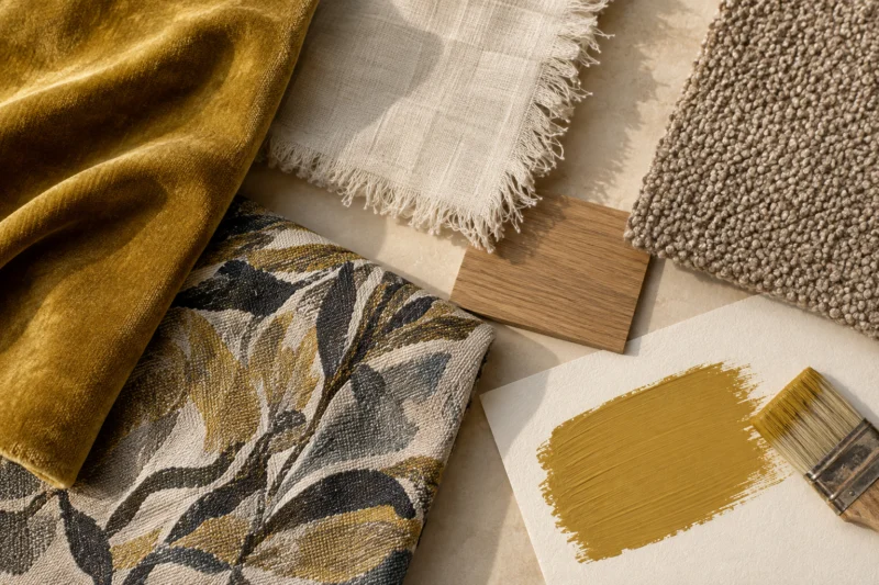 Interior design material study with mustard velvet, woven linen, botanical fabric and textured paint