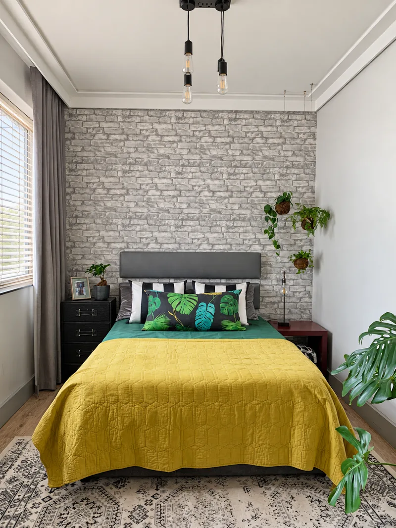 Bedroom with mustard bedcover, textured wallpaper and botanical cushions