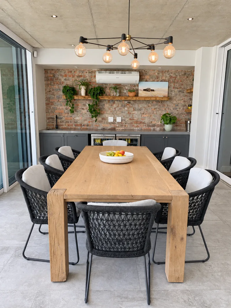 Warm timber dining table, woven chairs and textured brick patio wall
