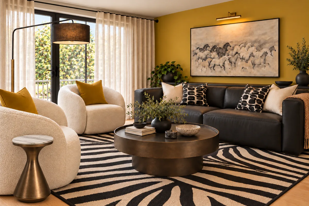 Illustrative living room in the Mustard and bronze palette