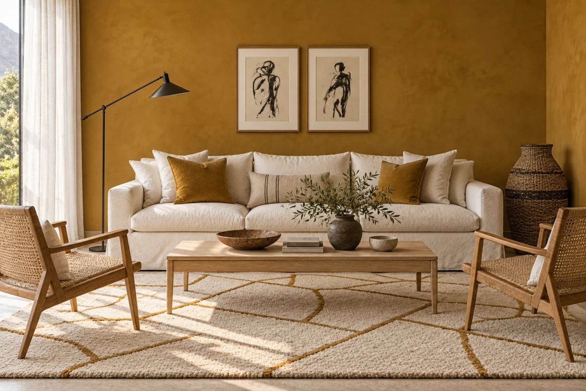 Illustrative living room in the Mustard and linen palette